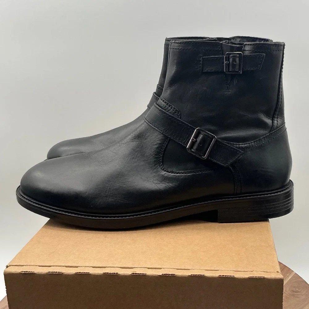 Steve Madden Mens Black Leather Harness Ankle Boots Buckle Zip Biker Style